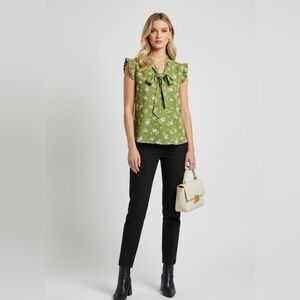 Sweet Rain Green Floral Tie-Front Sleeveless Blouse Size M